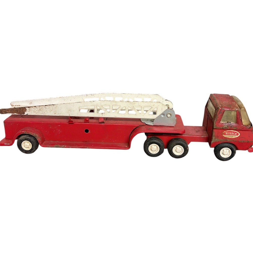 Vintage Tonka Fire Truck Pressed Steel Red Cab Trailer White Ladder 11 Inch